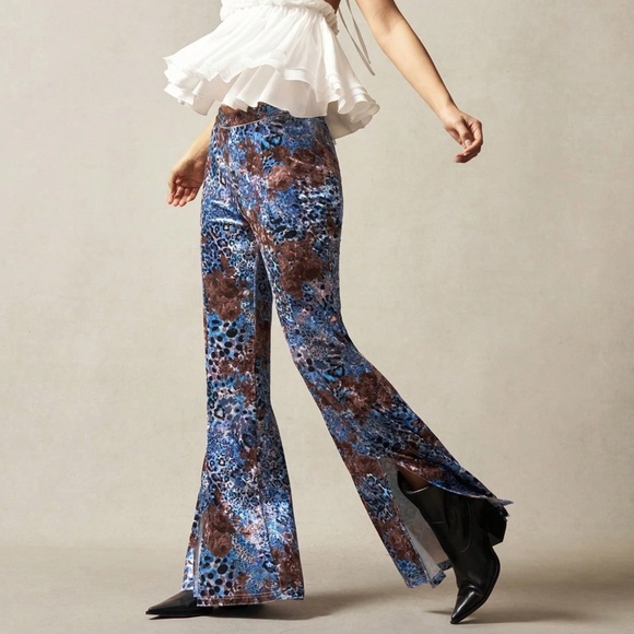 Luxe Velvet Floral Leopard print Wide Leg Split hem Pants - Picture 5 of 6